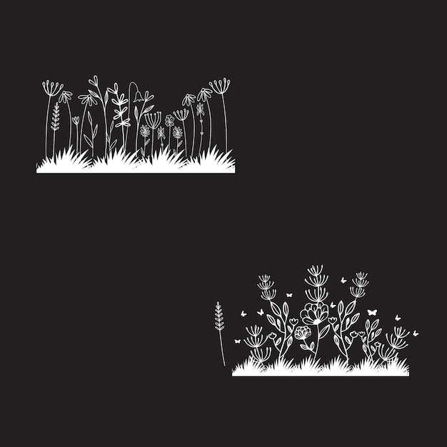 A black and white illustration of a field of flowers.