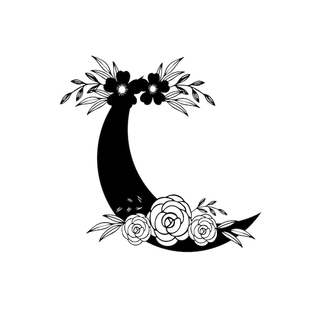 A black and white illustration of a floral design with the letter c on it.