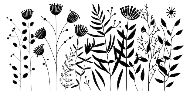 A black and white illustration of flowers and plants.