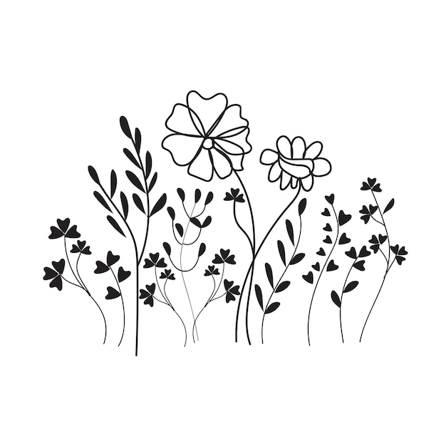 Black and white illustration of flowers on a white background.