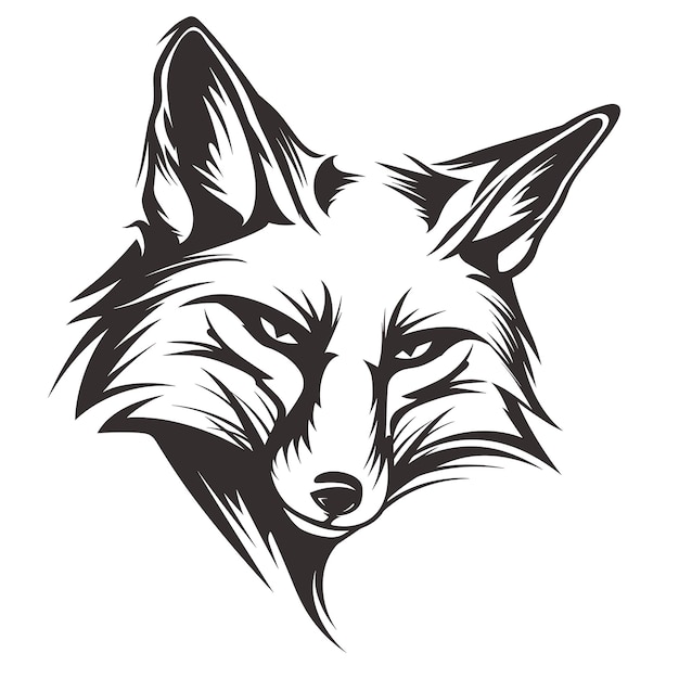 Vector black and white illustration of a foxs head with a focused expression