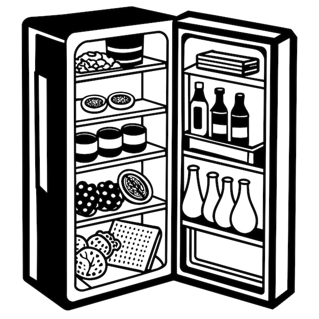 Black and white illustration of a fridge full of food and beverages