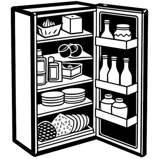 Black and white illustration of a fridge full of food and beverages