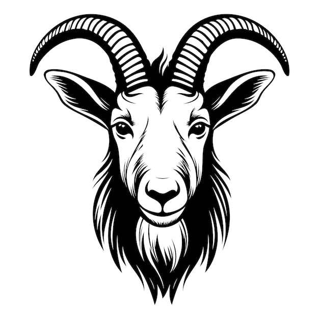 Black and white illustration of a goats head with curled horns perfect for tattoo designs branding and graphic design projects