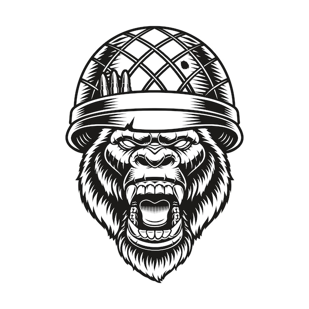 A black and white illustration of a gorilla soldier