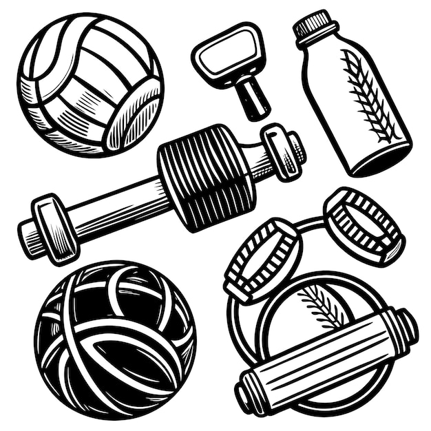 Black and white illustration of gym equipment with water bottle