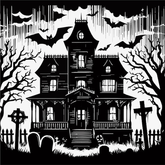 a black and white illustration of a house with a scary house in the background