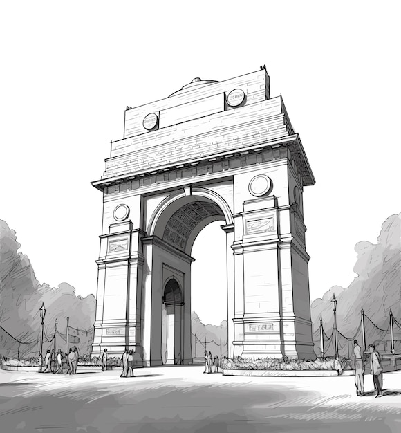 Black and white illustration of a India gate