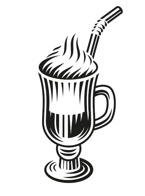 A black and white illustration of a latte on white background.