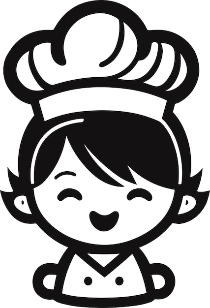 Black and white illustration of a little girl wearing a chef hat.