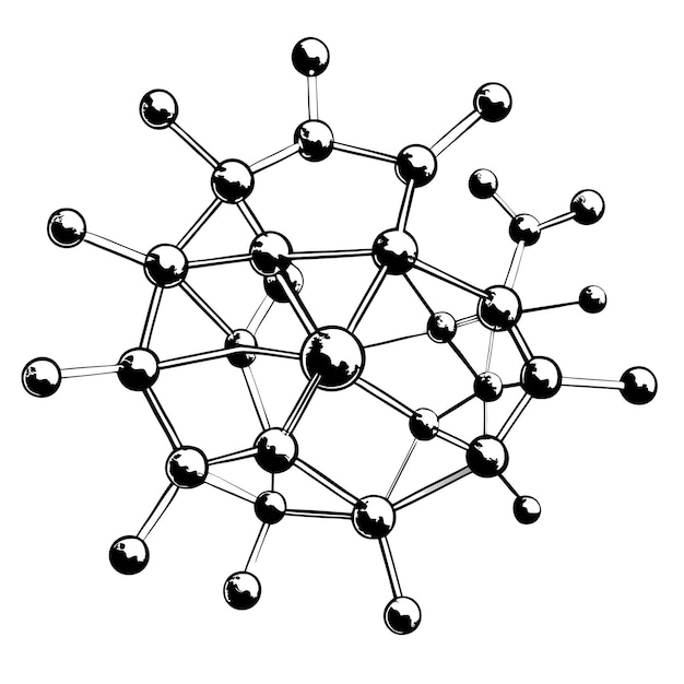 A black and white illustration of a molecular structure with multiple atoms connected by lines