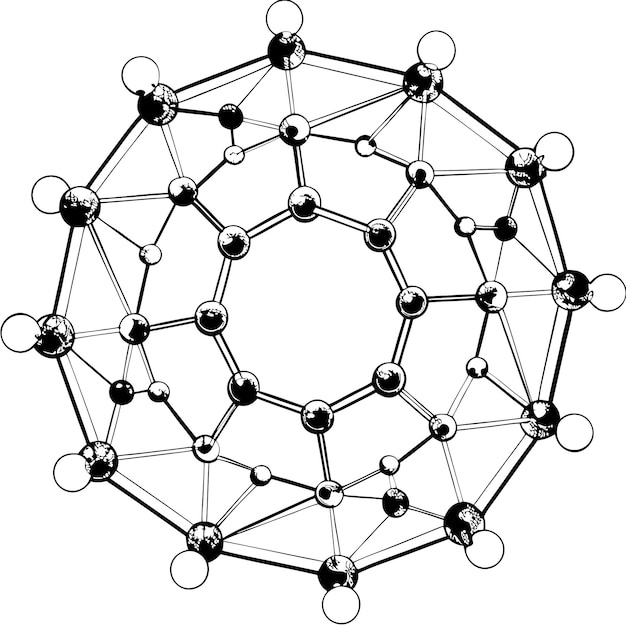 Black and white illustration of a molecule structure with connected spheres