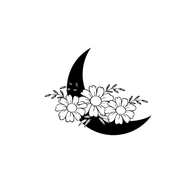 A black and white illustration of a moon with flowers on it.