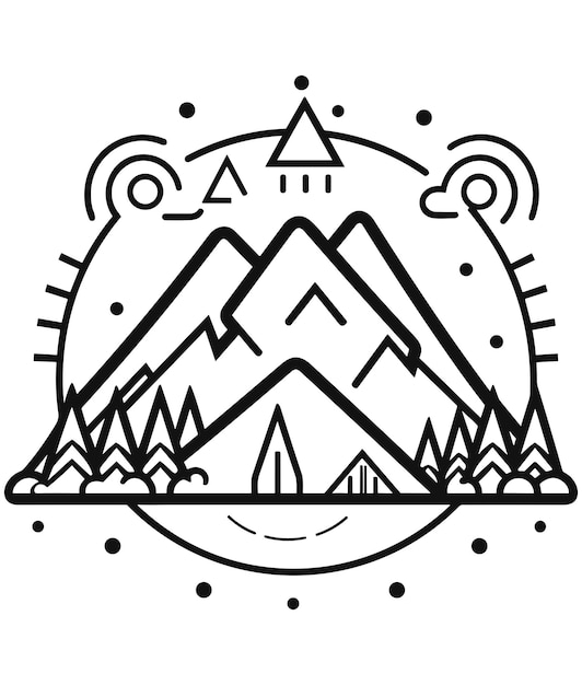 A black and white illustration of a mountain and a triangle with a sun and clouds.