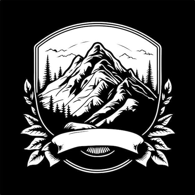 A black and white illustration of a mountain with a banner that says " mountain ".