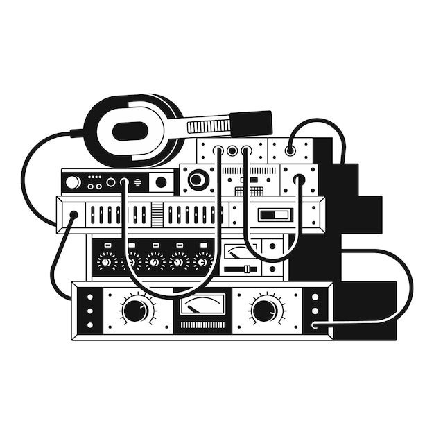 Vector  black and white illustration of music amplifiers and headphones. white background.