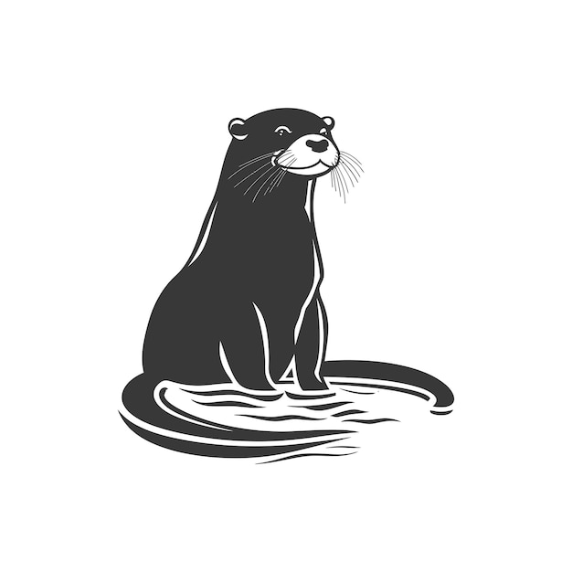 Vector black and white illustration of an otter in water