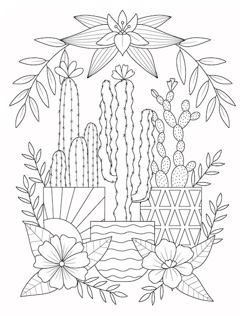 A black and white illustration of a plant cactus and flowers