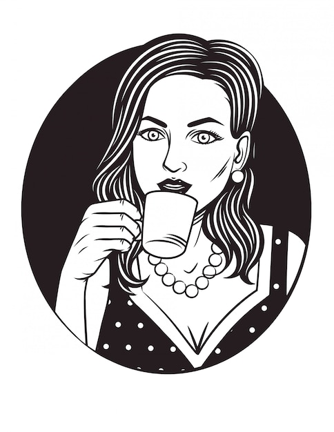  black and white illustration of pretty woman with cup of coffee