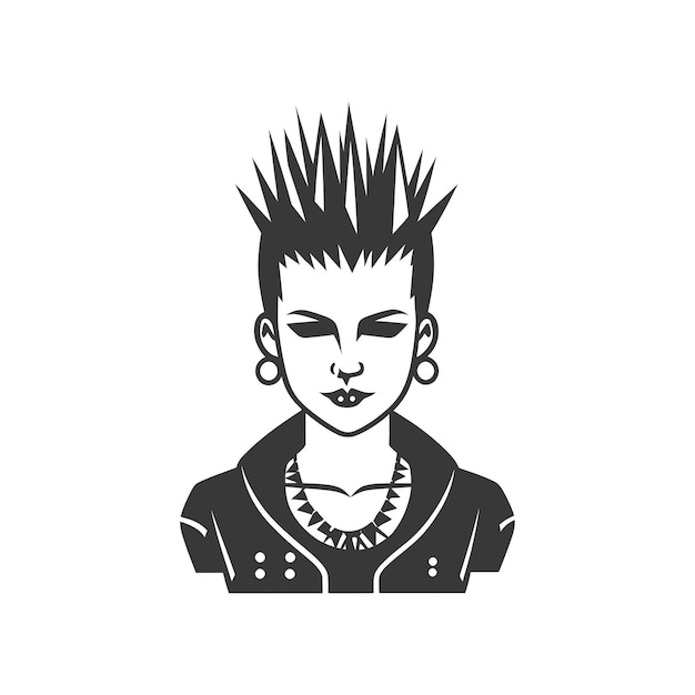 Vector black and white illustration of a punk rock girl with spiky hair