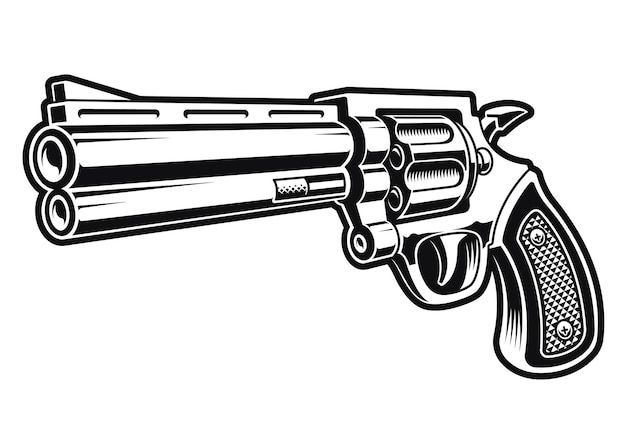 A black and white illustration of a revolver gun isolated on white