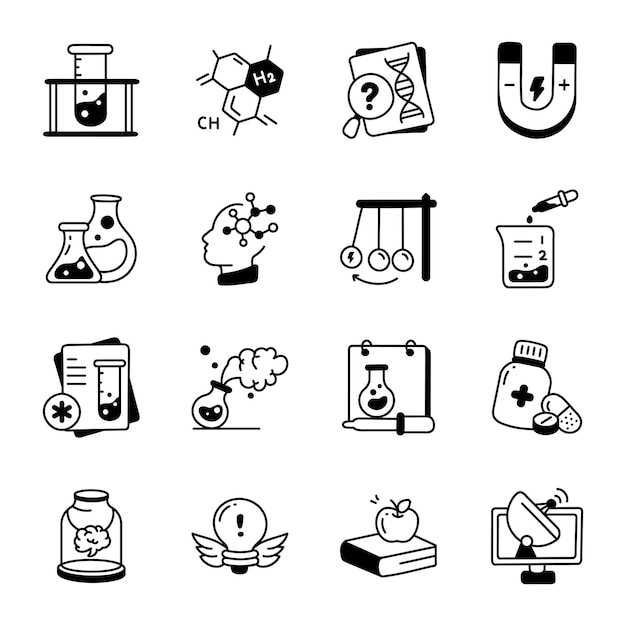 A black and white illustration of a set of icons