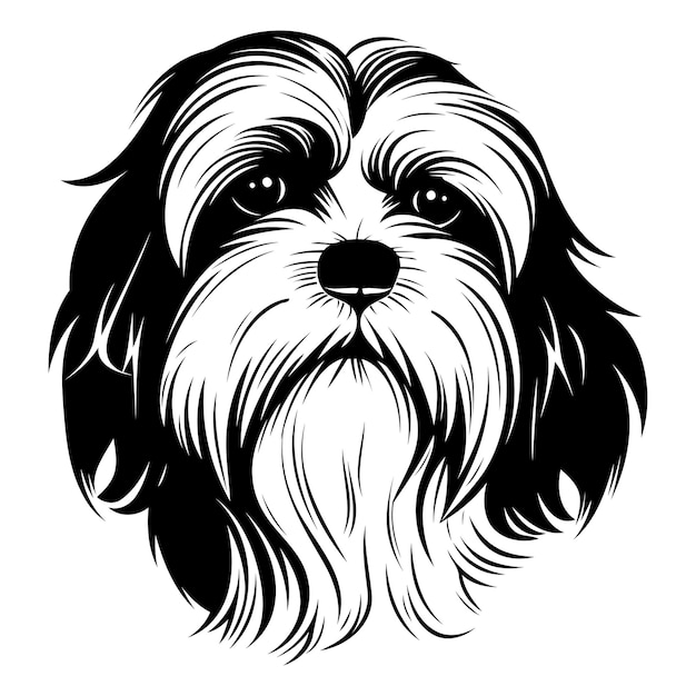 Black and white illustration of a shih tzu dogs head perfect for pet lovers and dog owners