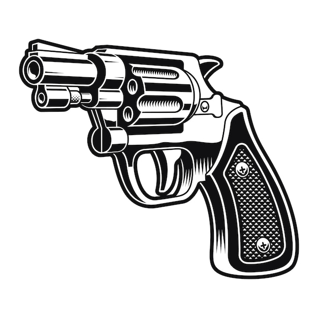 A black and white illustration of a short revolver gun on white