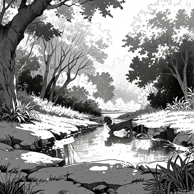 a black and white illustration of a stream with a bridge in the background