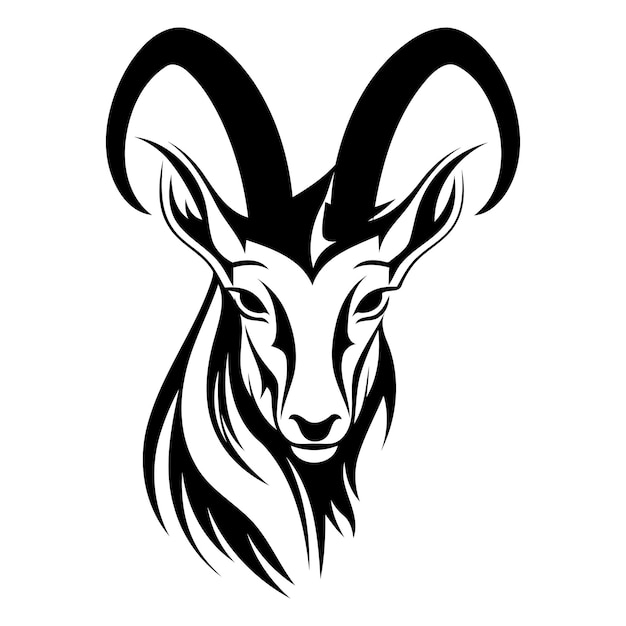 Vector black and white illustration of a stylized ram or goat head