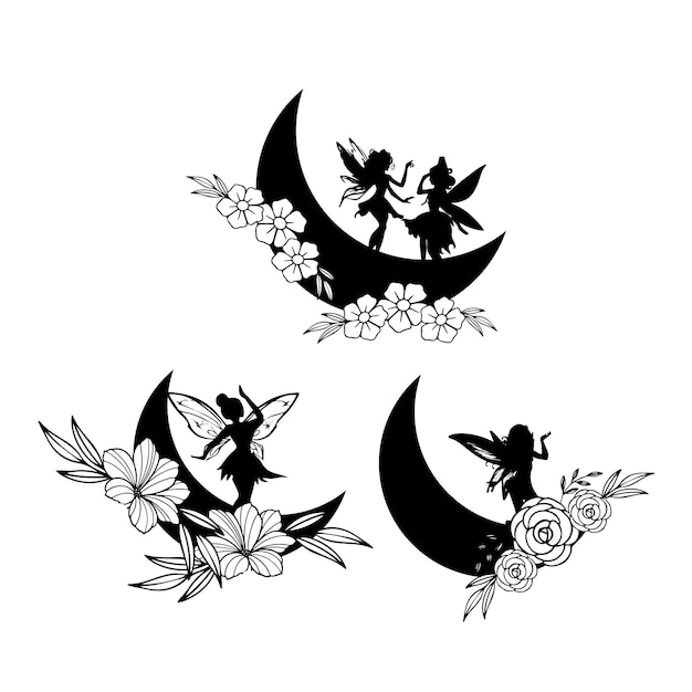 A black and white illustration of three angels on a moon.