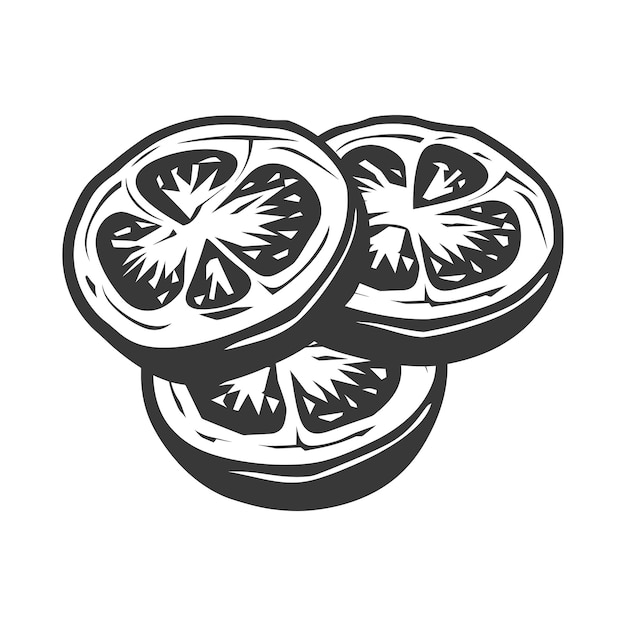 Vector black and white illustration of three tomato slices