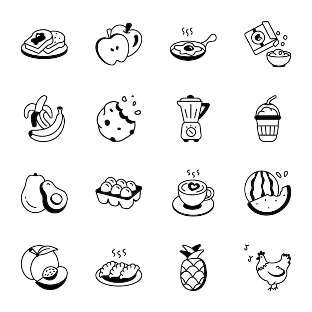 A black and white illustration of various food items