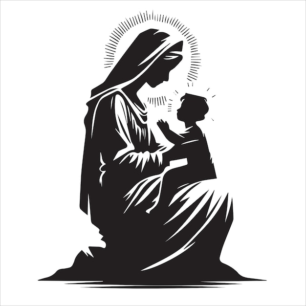 a black and white illustration of a Virgin Mary holding a baby Jesus