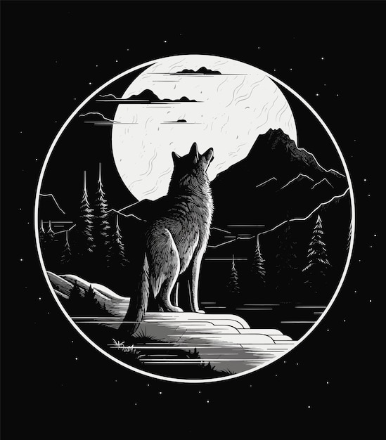 Vector black and white illustration of a wolf looking at the moon