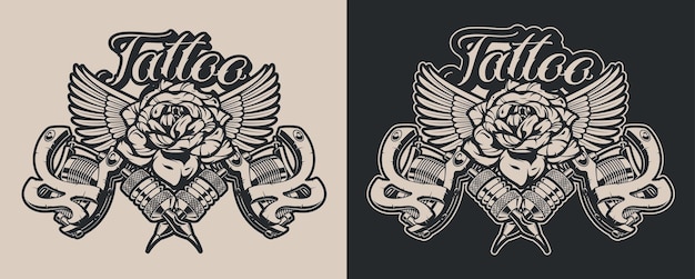 Black and white Illustrations tattoo machines with rose and wings in vintage style. Perfectly for posters, T shirt design, fabric print, and many other uses. Text in a separate group