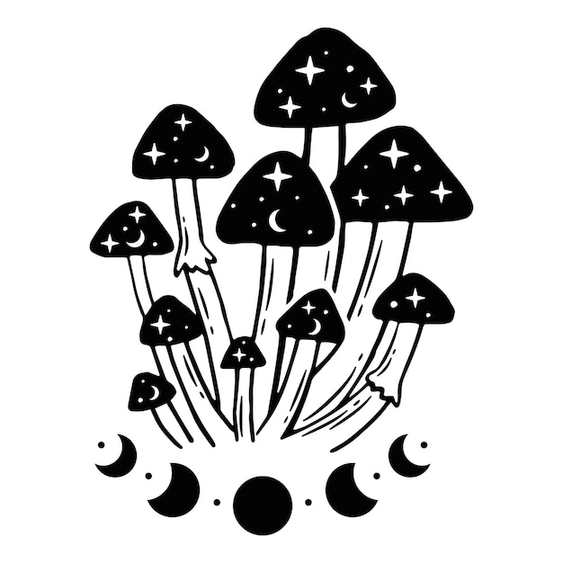 Black and white illustrations with magic mushrooms and moon phases.