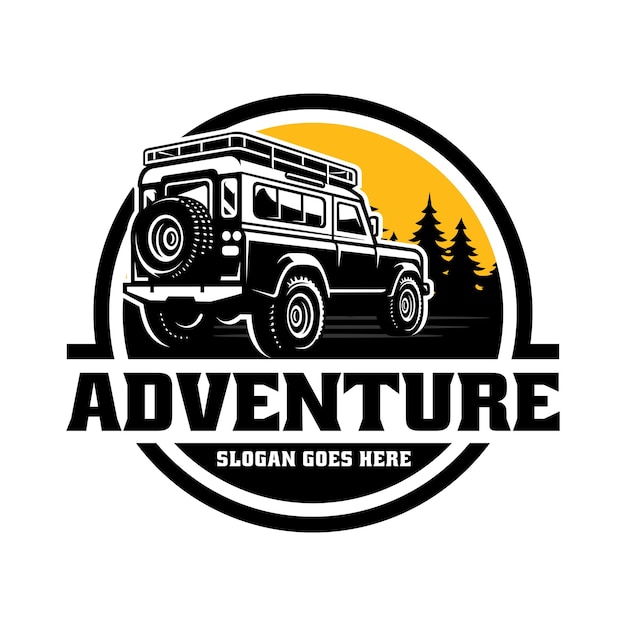 black and white image of a adventure vehicle illustration logo vector