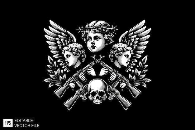 a black and white image of angels with a skull and arrows