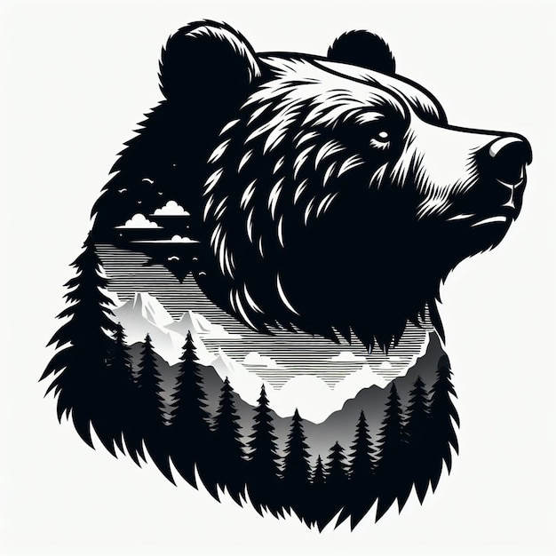 Vector a black and white image of a bear with trees in the background