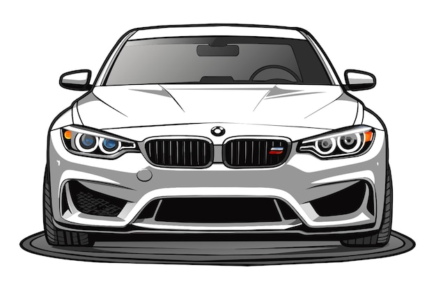 Vector a black and white image of a bmw car with the headlights on