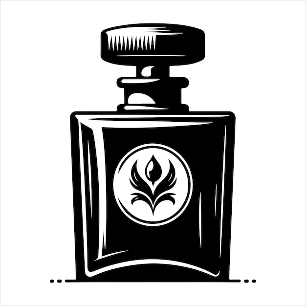 a black and white image of a bottle of perfume