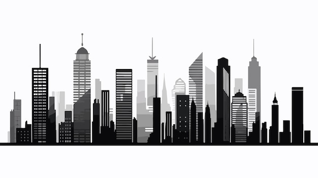 a black and white image of a city skyline with a skyscraper in the background