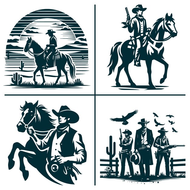 Vector a black and white image of a cowboy and a horse with a cowboy on it