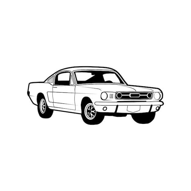 A black and white image of a ford mustang