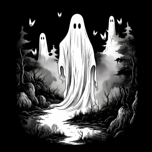 Vector a black and white image of a ghost with ghosts in the background