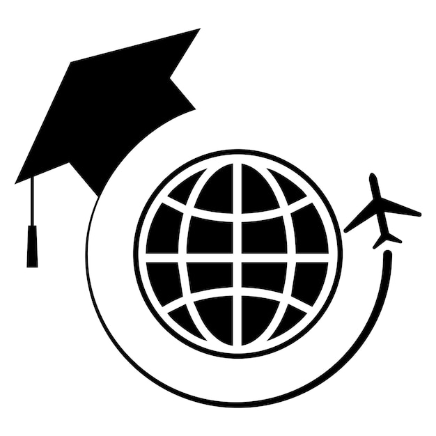 A black and white image of a globe and a graduation cap Abroad logo