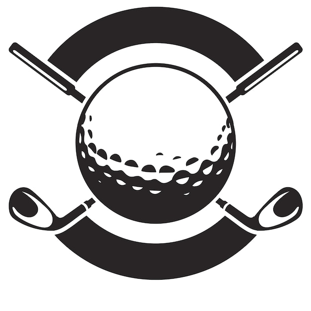 a black and white image of a golf ball and two clubs