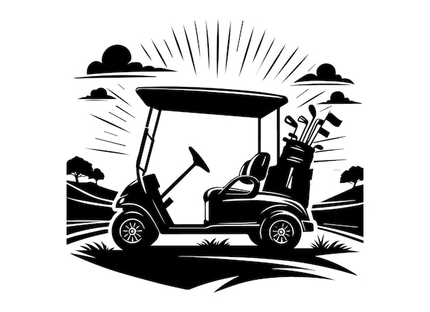 a black and white image of a golf cart with a flag on it