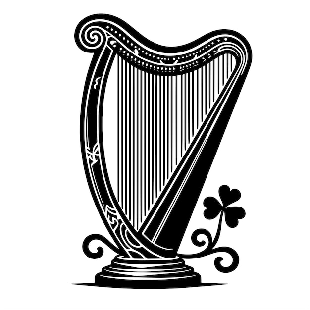 Vector a black and white image of a harp with a clover on it